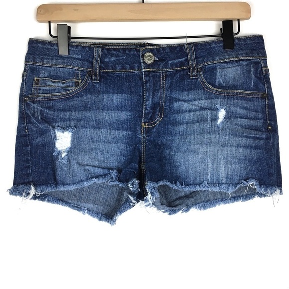 INDIGO REIN Jean Shorts Cut Off Distressed Raw Hem Stretch Denim Size 9 Juniors - Picture 2 of 12
